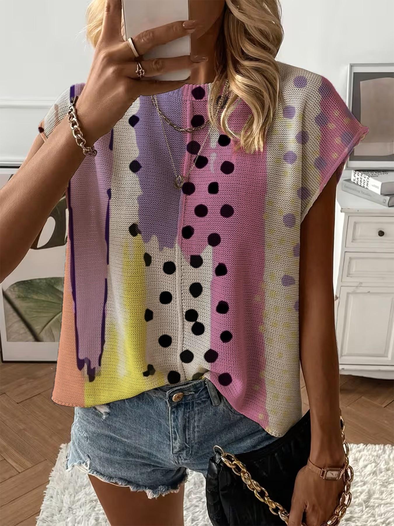 Spring/Summer crew neck drop-shoulder loose fit contrast stripe splicing print short-sleeve women's knit top, vacation style, casual elegant commute, ladies short-sleeve knit top, bikini cover-up. Spring/Summer crew neck drop-shoulder loose fit contrast stripe splicing print short-sleeve women's knit top, vacation style, casual elegant commute, ladies short-sleeve knit top, bikini cover-up.