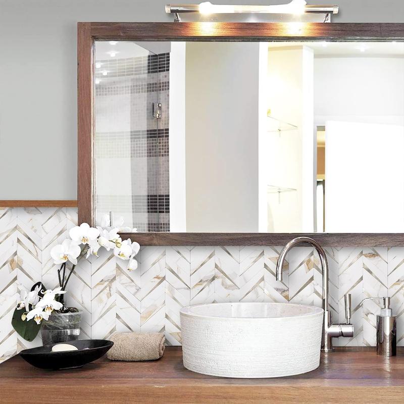 STICKGOO 10Pcs Herringbone Peel and Stick Backsplash, Tiles Sticker, Self Adhesive Wall Tile for Kitchen/Bathroom Decor Decorative Ornaments - White