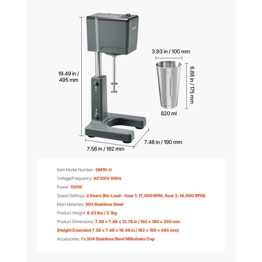 VEVOR Milkshake Maker, 150W Milk Shake Maker Mixer, Single Head Drink Mixer Blender Machine, Dual-Speed Adjustment Milkshake Blender with Stainless Steel Cup, for Home, Kitchen, Bar Beverage Shop