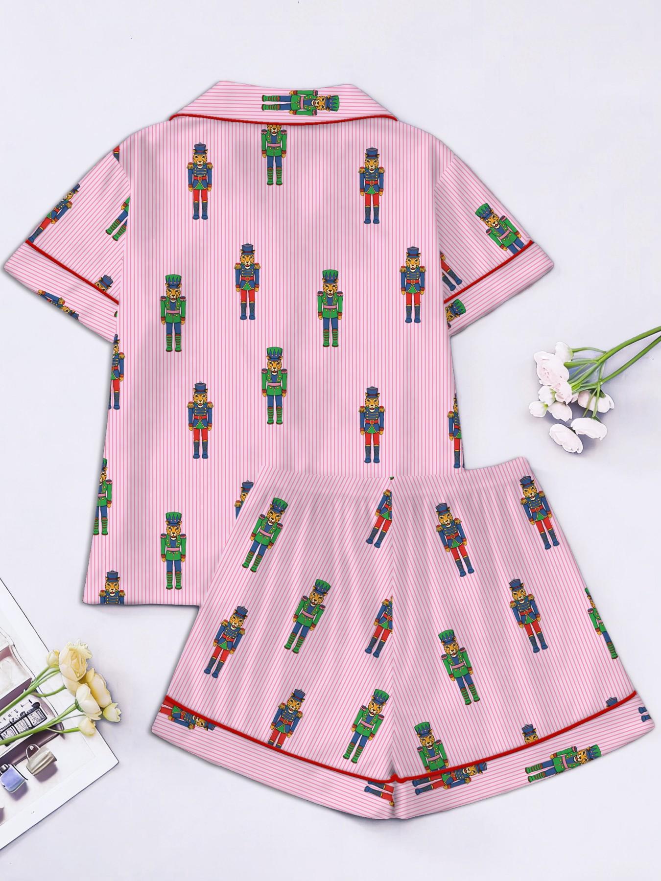 Women's Short Sleeve Button Down Top and Shorts Pajama Set, Spring Summer Wear, For Nutcracker Fairy Tale Lovers, Pink Stripe Colorful Nutcracker Soldier Print, Classic Lapel Collar, Loose Fit, Comfortable For Home & Holiday Gatherings