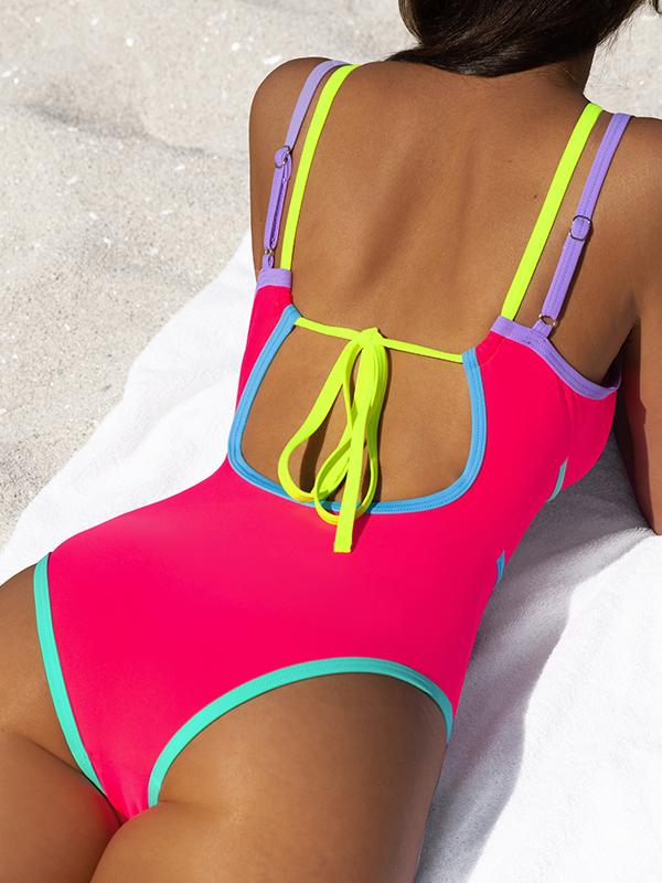 Popvil Color Block Bandage Design Vacation One Pieces,Tummy Control Neon Swimsuit for Women, Neon Bathingsuits