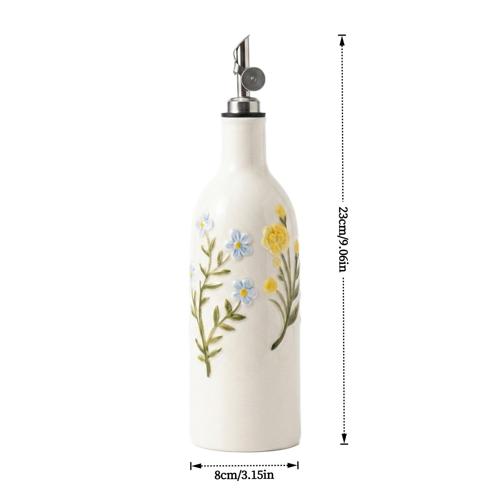 Rustic Wildflower Ceramic Oil Bottle, Automatic Flip Lid, Adjustable Spout, Ideal for Salad Dressing & Daily Cooking