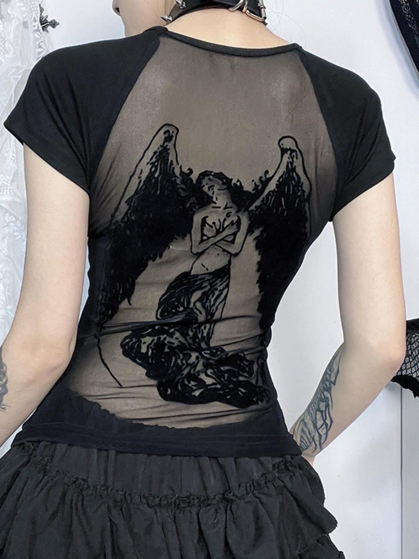 Women's Angel Print Contrast Mesh Sheer Round Neck Tee, Y2K Trendy Casual Raglan Sleeve T-shirt for Daily Wear, Ladies All Seasons Outfit