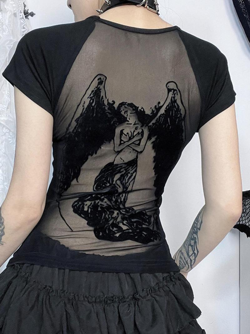 Women's Angel Print Contrast Mesh Sheer Round Neck Tee, Y2K Trendy Casual Raglan Sleeve T-shirt for Daily Wear, Ladies All Seasons Outfit