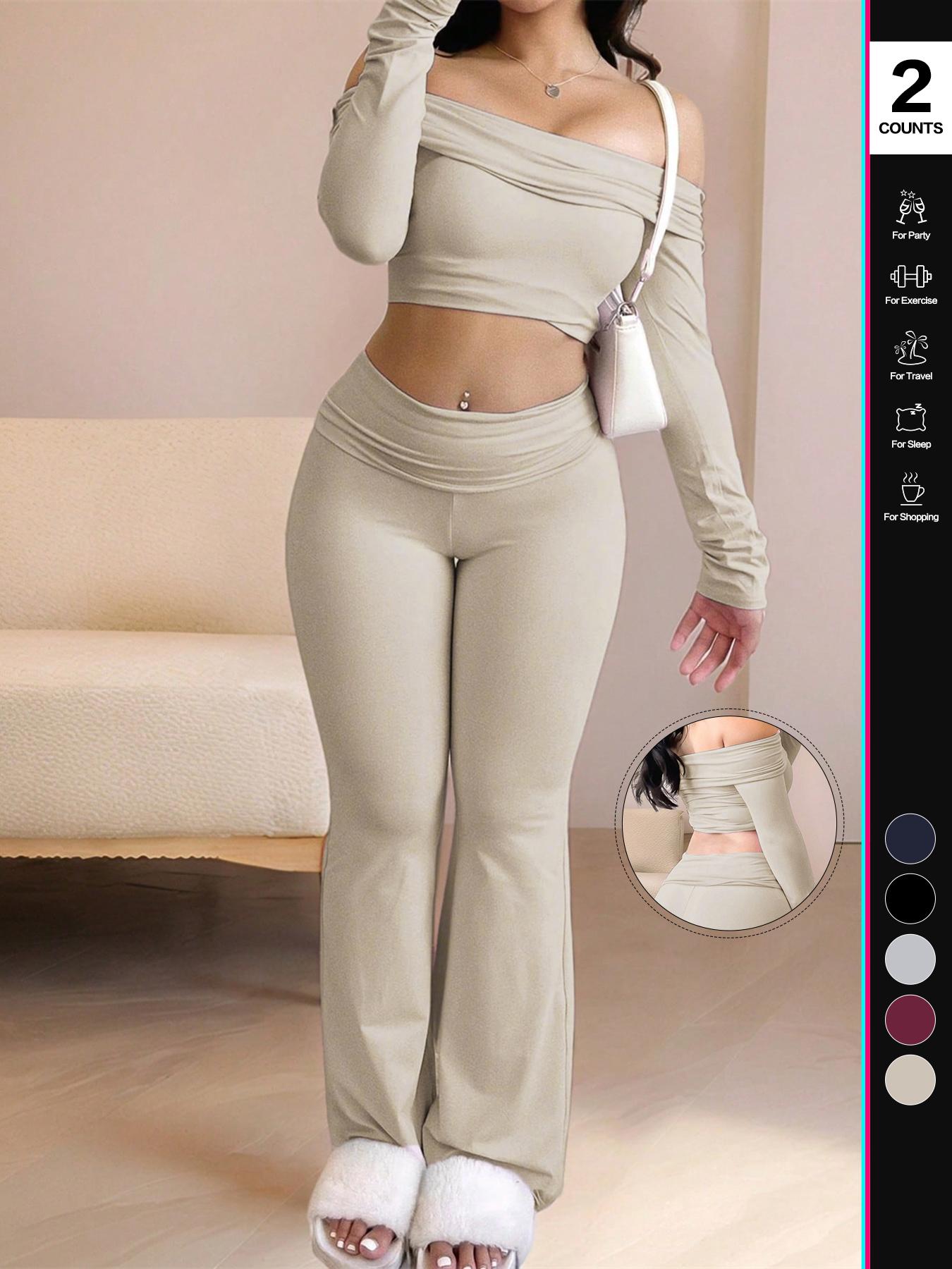 Women's Two-Piece Set, Off-The-Shoulder Long Sleeve Crop Top & Pants, Solid Color, Basic Casual Loose-Fitting, All Seasons, Stylish Women's Clothing