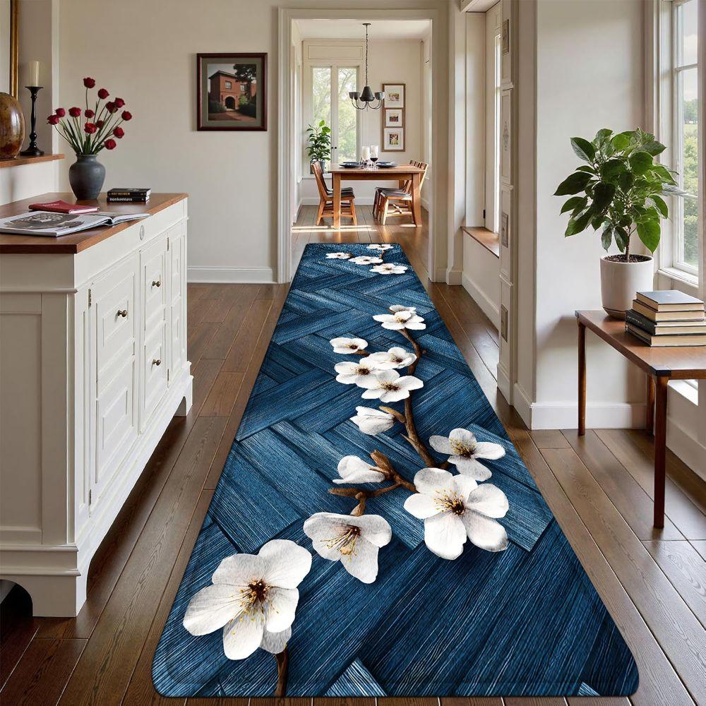 1PC， Blue and White Magnolia Branch Pattern strip rugs, home décor, bathroom mats, entryway mats, bathroom non-slip mats, indoor entrance rugs, bedroom bedside mats, kitchen mats, hallway rugs, flannel sponge rugs, hallway runner rugs