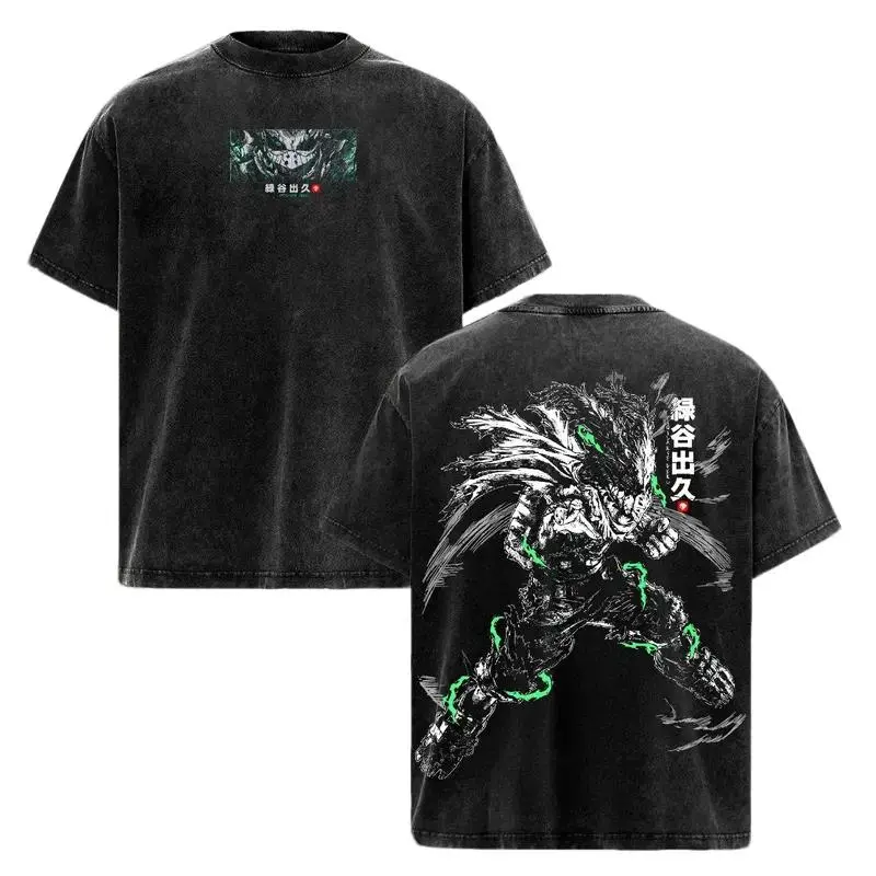 Dark Deku Graphic Tee My Hero Academia Oversized Vintage Acid Wash Shirt Soft Cotton Streetwear Anime Merch Gift For MHA Fans Men Women Unisex Casual Y2K Top Japanese Manga Apparel Gym Pump Cover Izuku Midoriya Vigilante Kisetsu Wear Cosplay Outfits Class
