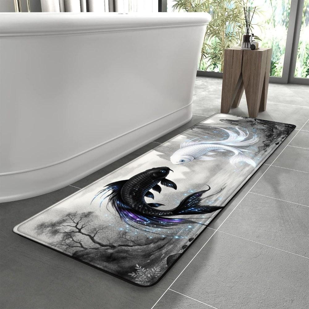 1PC， Black and White Double Fish in Ink - Wash Style Patterned strip rugs, home décor, bathroom mats, entryway mats, bathroom non-slip mats, indoor entrance rugs, bedroom bedside mats, kitchen mats, hallway rugs, flannel sponge rugs, hallway runner rugs