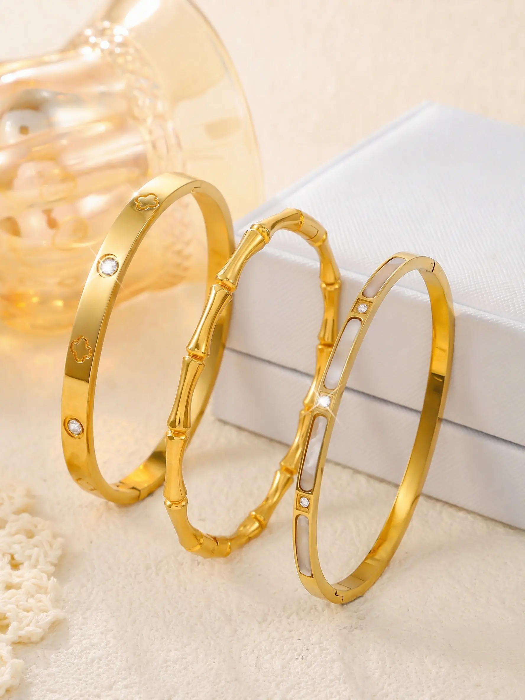 3-Piece Open Bracelet Set for Women, Luxury Bamboo Design, 18k Plated Organic Minimalist Thick Bangle, French Inspiration Jewelry