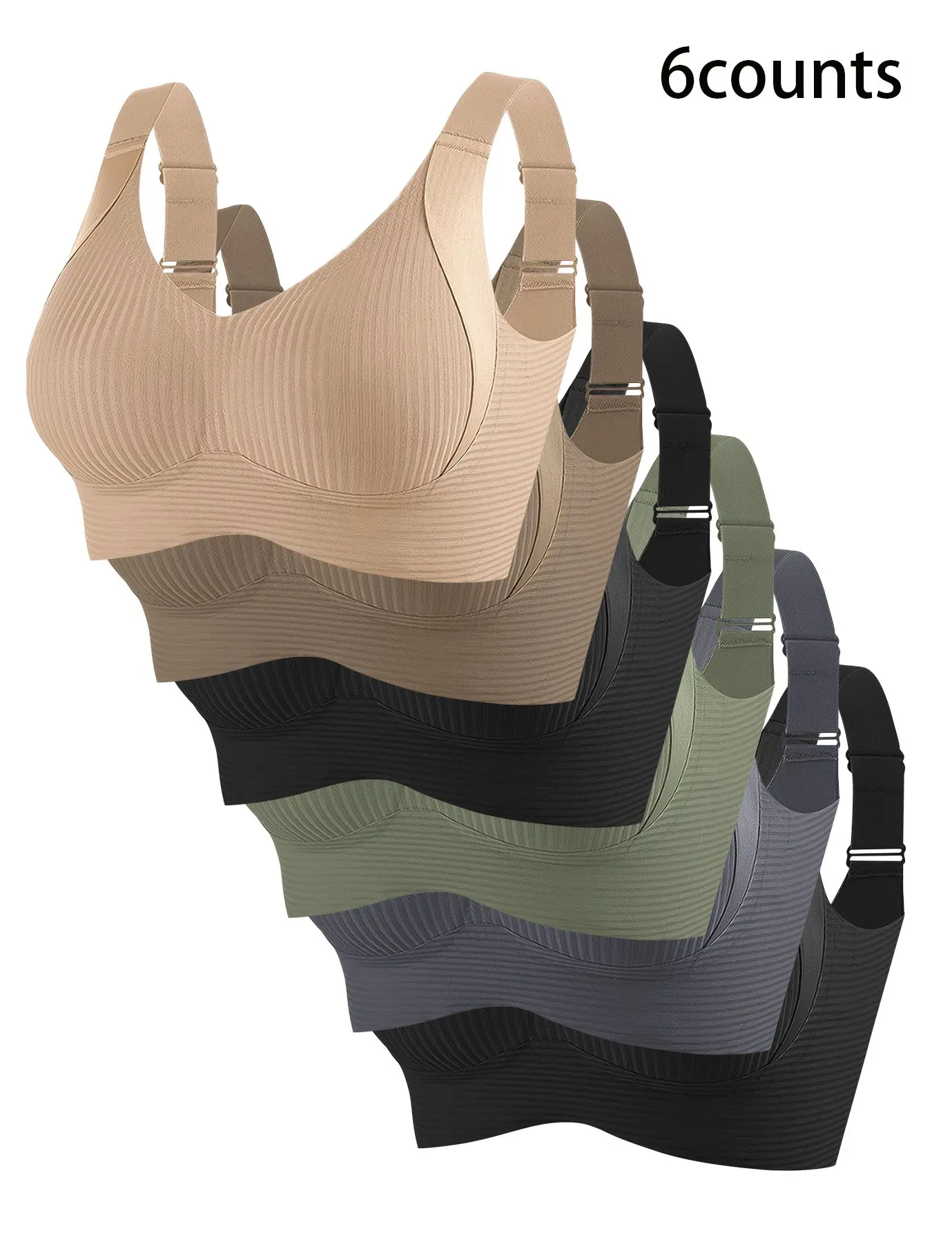Women's 6-Pack Bralette Set, Wireless Bras with Adjustable Straps, Side Support & Shock Absorption, Yoga Loungewear Everyday Comfort Bra