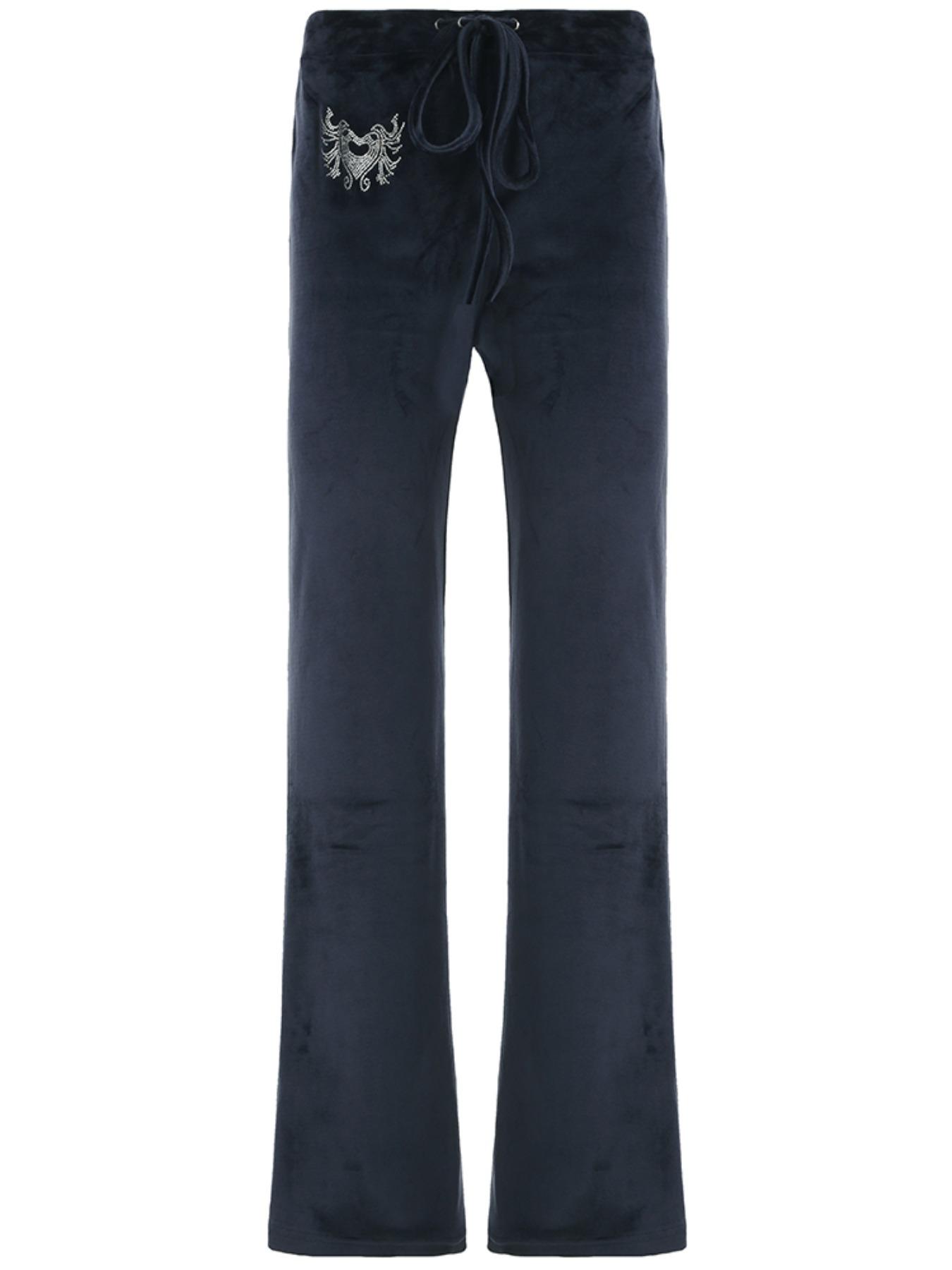 Vintage Y2K Heart Rhinestone Velvet Low Waist Flare Pants Women, Slim-Fitting All Season Fashion, Moderate Fabric Style