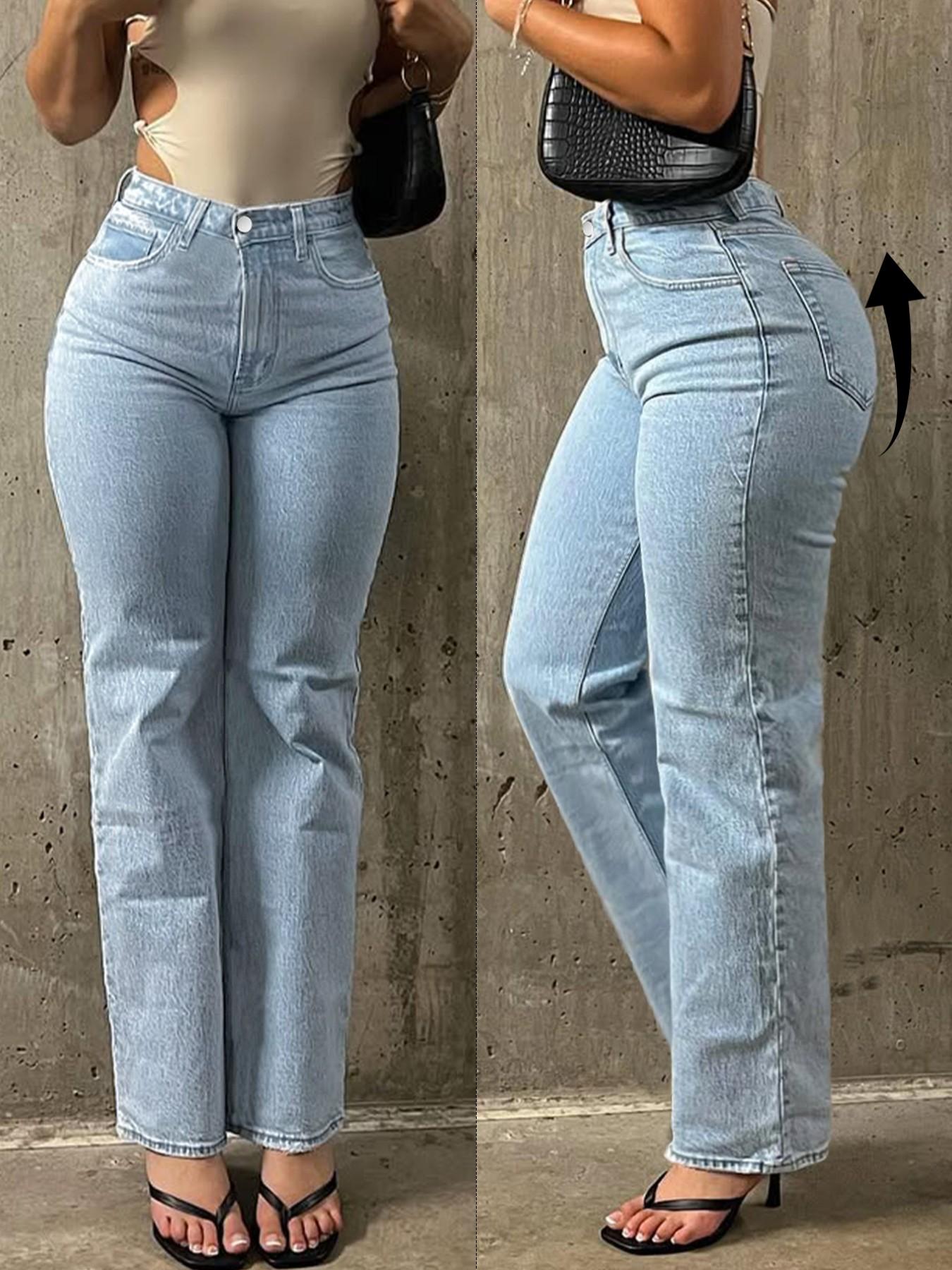Spring Summer Fashion Casual Fitted Light Blue Denim Straight Leg Pants for Women, Comfortable Elastic Waist Jeans for Daily Wear Womenswear
