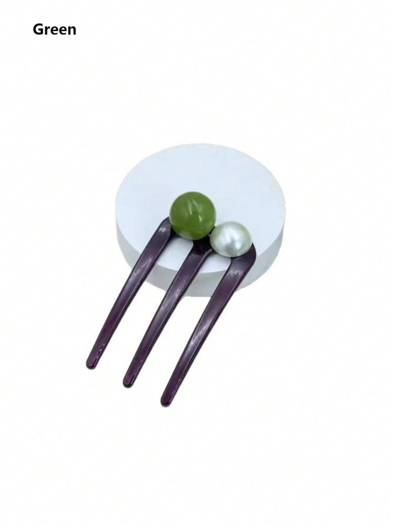 Elegant Three-Tooth Bead U-Shaped Hairpin，Bun Updo Hairpin， Vintage Hair Clips - Black & White with Green Synthetic Gemstonestone Accents, Versatile for Casual & Formal Occasions, All-Season girls Hair Accessories, Hair Accessories, Classic Hairpins,