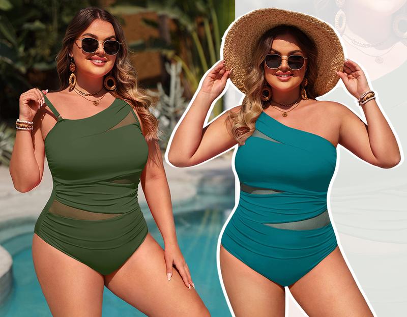 Aqua Eve Plus Size One Piece Swimsuit for Women Tummy Control Bathing Suits One Shoulder Swimwear