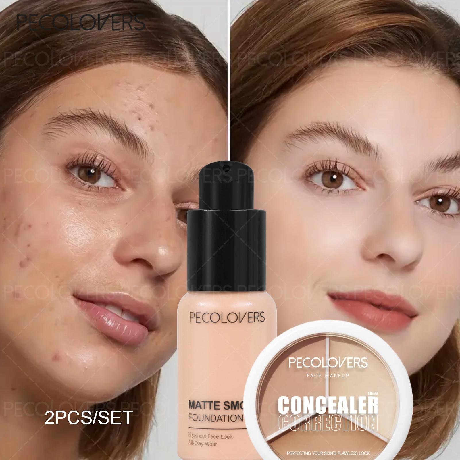 2pcs/set Full Coverage Foundation & 3-Color Concealer Palette - Moisturizing Face Foundation Cream Waterproof Long Lasting Oil Control Full Coverage Pores Dark Circles Face Base Brighten Wheat Tone Liquid Foundation