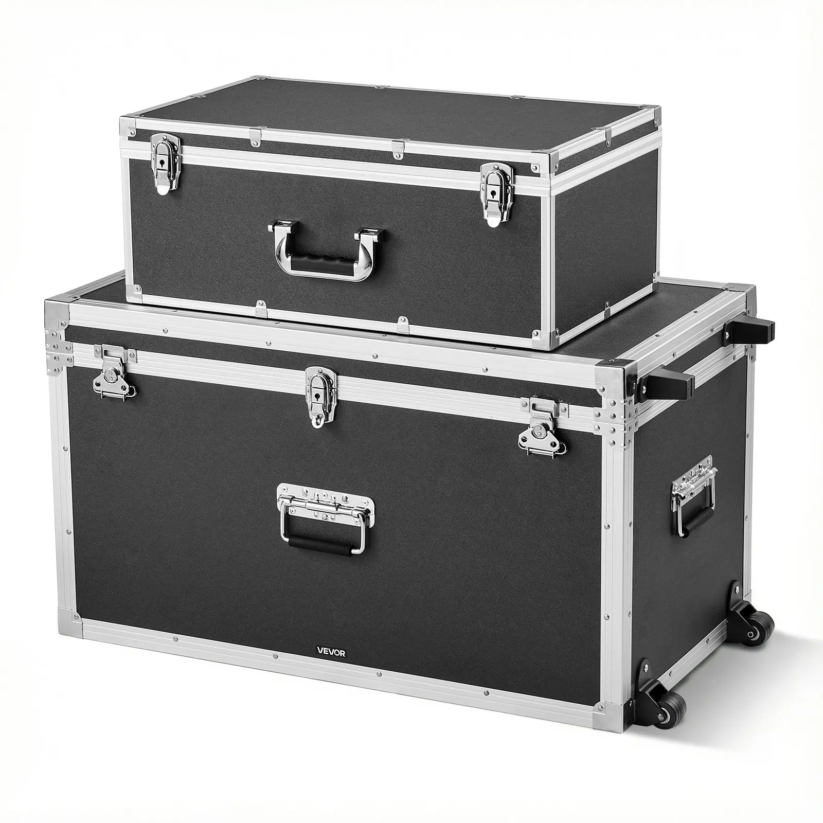 【DealsForYouDays】VEVOR Metal Storage Trunk, Set of 2, Wooden Suitcase Storage Boxes with Padlocks, Large Trunk Includes Casters & 3 Metal Handles, Decorative Store Chest with Lids for Travel, Apartment, Dorm, Black