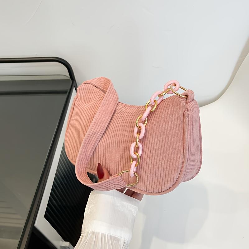 Vintage Corduroy Crossbody Bag, Stylish Chain Side Purse, Women'S Basic Handbag Featuring a Zipper, Crossbody Bags For Women, Handbags For Women