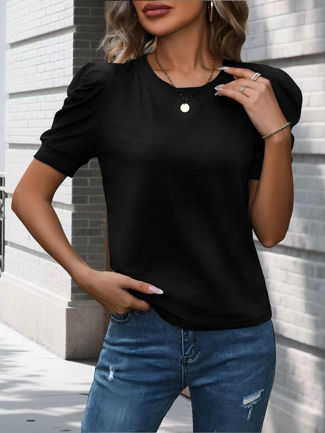 New Summer Women's Round Neck Puff Sleeve T-Shirt, Fitted Slimming Top, Elegant Versatile Casual High-End Style, Unique Design