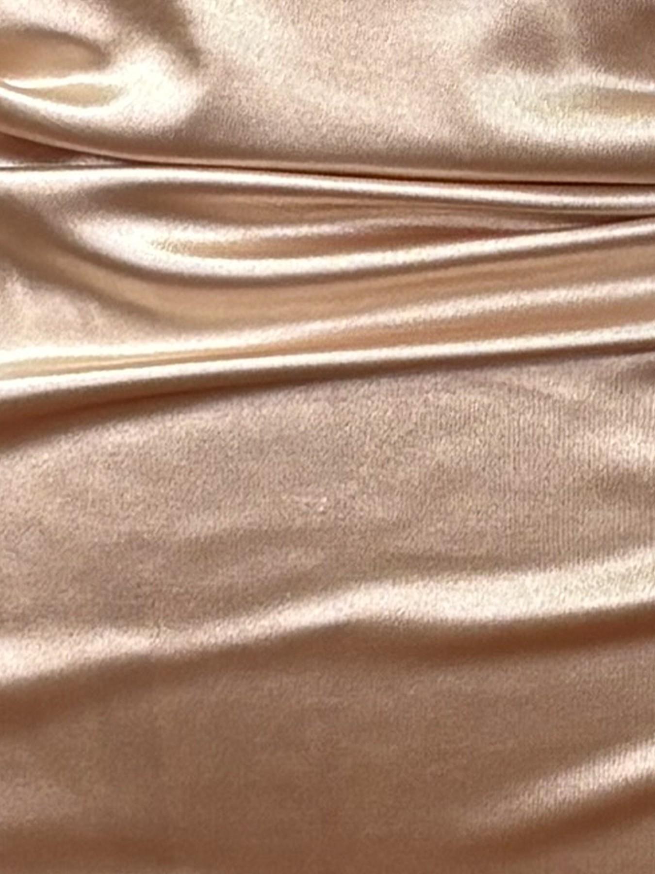 Summer Knit Satin Dress, Champagne Color, Halter Neck, Sleeveless, Waist Cinch, Midi Length, Pleated Design, Button Detail, Evening Gown, Ffsp2640