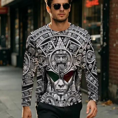 Men's Fashion 3D Maya Culture Print Long Sleeve T-Shirt, Comfortable Polyester, Round Neck, Fitted, Fall Winter Outdoor Wear, Graphic T Shirts