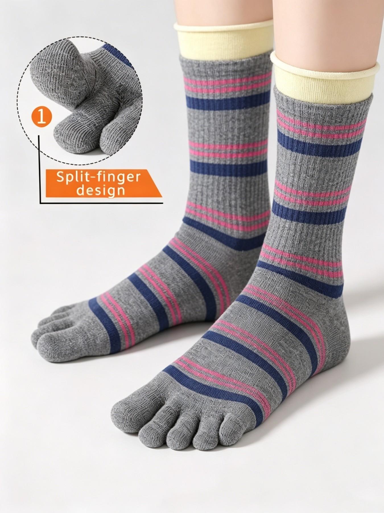 Women's Striped Five-Finger Socks, 3 Pairs Pack, Summer Comfortable Breathable High-Quality Cotton, Mid-Calf Socks for Women
