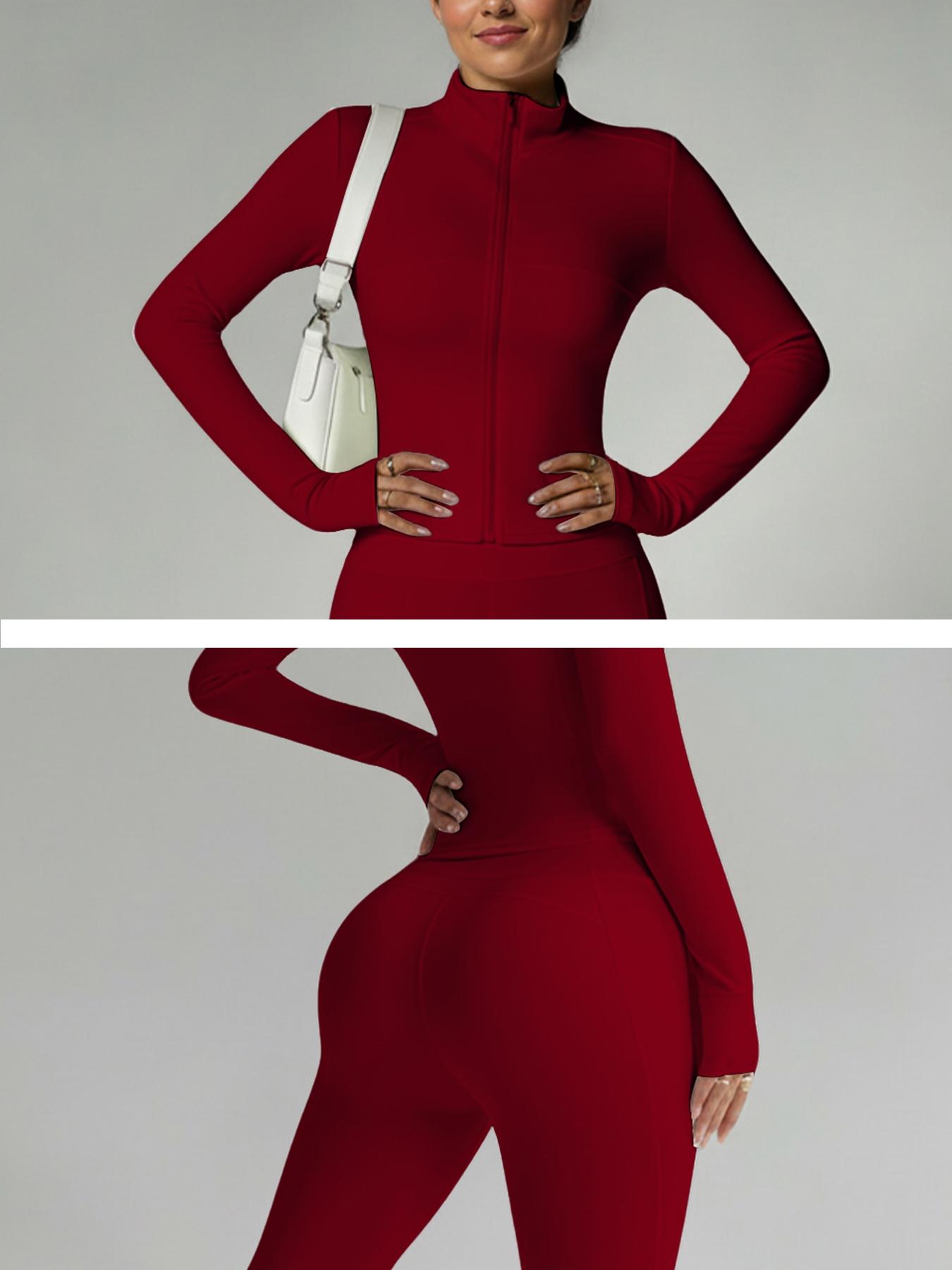 Women's Fashion Two-Piece Set, Slim Fit Long Sleeve Thumb Hole Cuffs, Zipper Front Jacket Style, High Waist Flared Pants, Fall & Winter Casual Wear