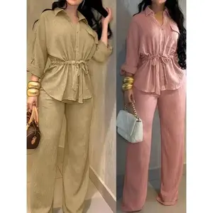 VVZ Women's 2-Piece Shirt Outfit, Roll-Up Sleeve Open Front Collared Blouse with Flap Pockets & Drawstring Waist + Elastic High Waist Wide Leg Pants, Polyester Spandex Textured Fabric Vintage Casual Commuter Set