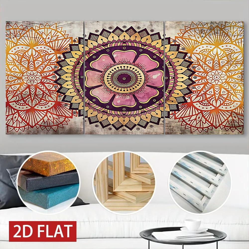 3pcs Mandala Pattern Decorative Wall Art, Vintage Style Wooden Frame Canvas Prints, Living Room Sofa Background, Home/bed & Breakfast/office Decoration