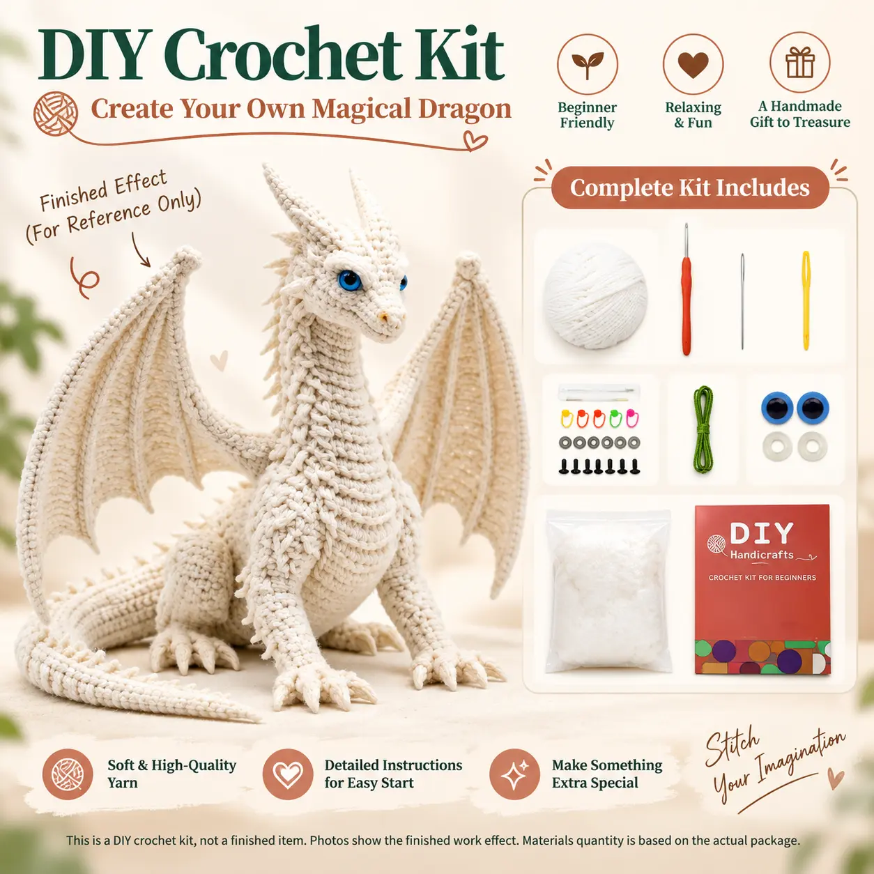 DIY Crochet White Dragon Kit, Create Your Own Magical Amigurumi Dragon with Soft Yarn, Crochet Hook, Safety Eyes, Stuffing and Accessories, Beginner Friendly Handmade Craft Project, Fantasy Dragon Doll DIY Kit, Unique Handmade Gift for Crochet Lovers, Adu