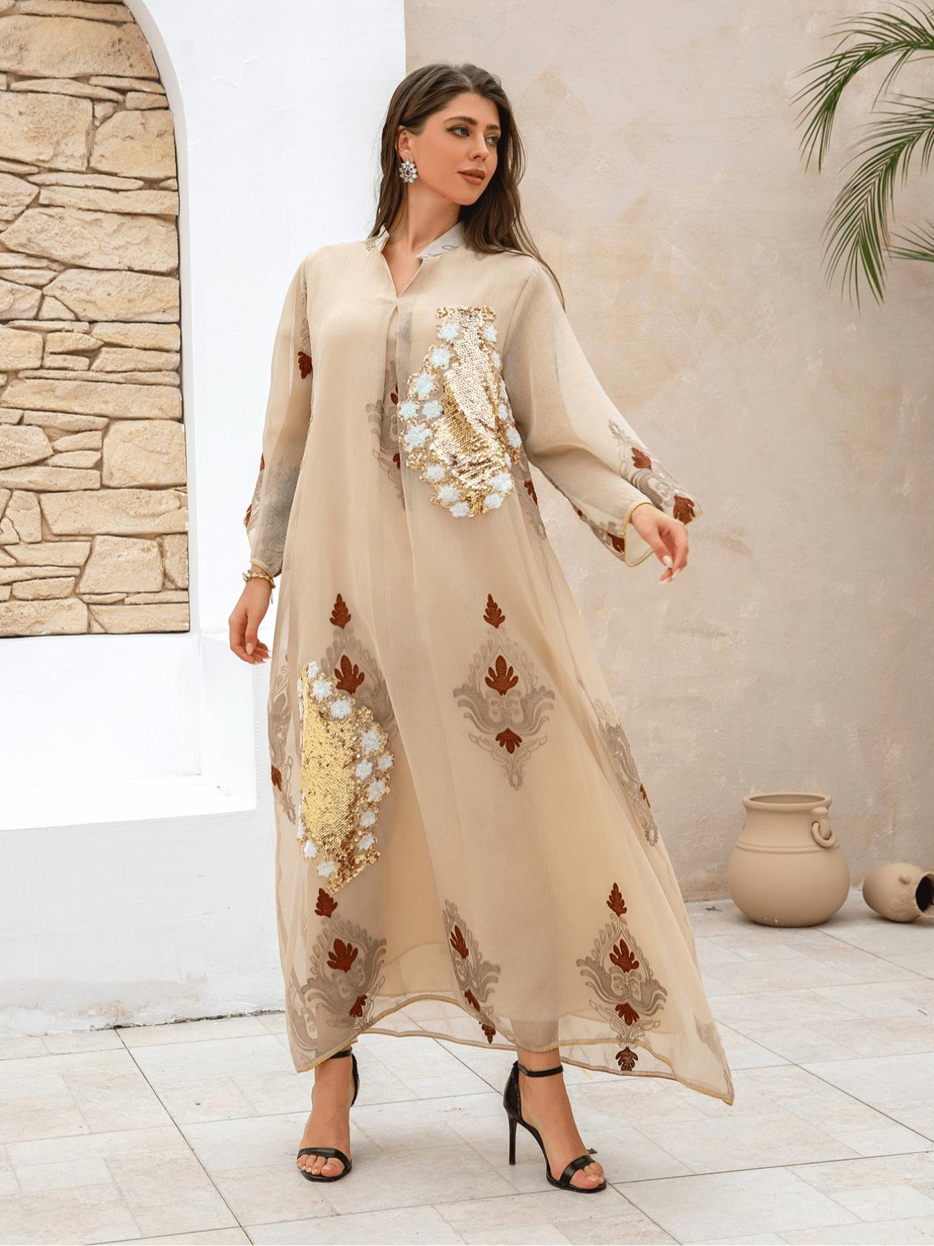 Women's Ethnic Pattern Embroidery Dress, Modest Elegant Long Sleeve Dress for Party Wedding Guest, Ladies Spring Islamic Clothing