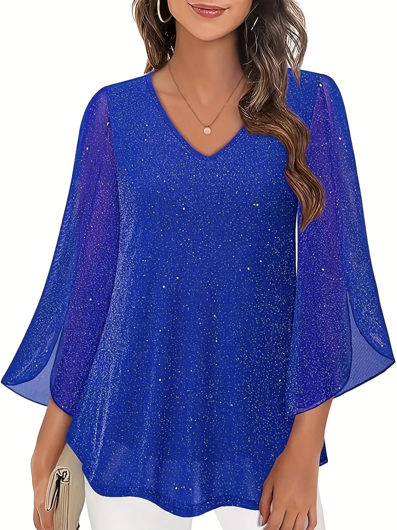 Plus Size Women Casual Top, Fashion Casual Clothing, V-Neck 3/4 Flared Sleeve Long Tunic Blouse, Elegant Spliced Panel Top, Workplace & Party Daily Outfit For Curvy Women