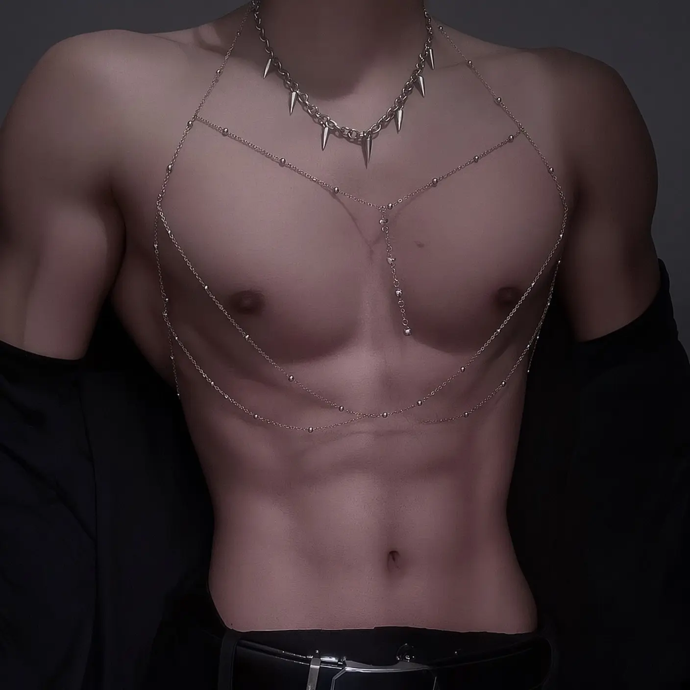 Men Multi-Layer Beaded Body Chain, Adjustable Chest Waist Harness Chain with Drop Pendant, Gothic Punk Nightclub Party Fashion Body Accessory
