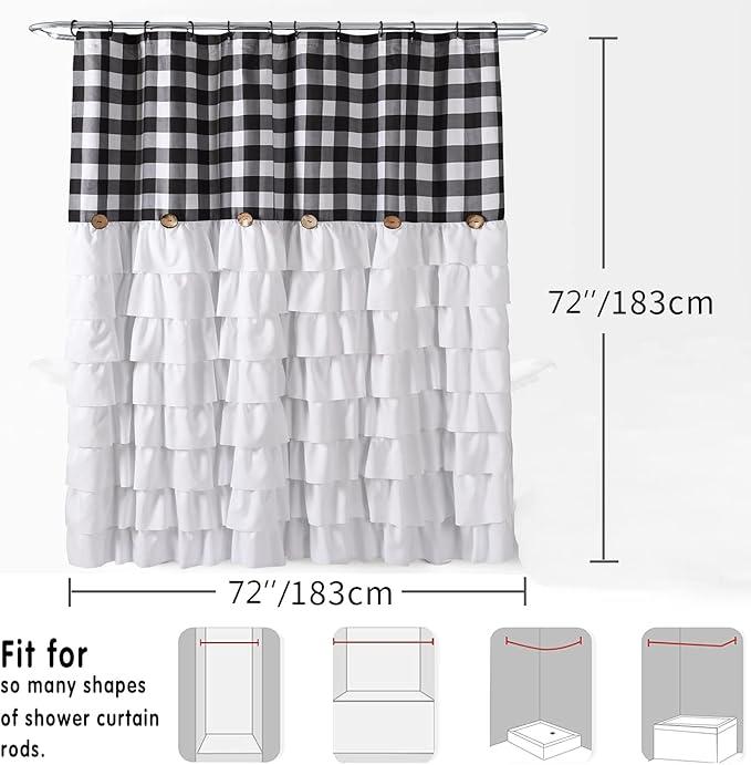 Farmhouse Ruffle Shower Curtain with Handmade Vintage Buttons, Country Buffalo Plaid Fabric Black and White Shower Curtains for Master Bathroom, Bathroom Decor Shower Curtain with 12 Holes,72" x 72"