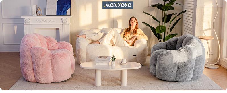 MAXYOYO Bean Bag Chair for Adults, Loveseat Floral Shaped Bean Bag Sofa, Ultra Soft Love Seat Mini Sofa Couch, Faux Fur Reading Chair for Living Room Bedroom