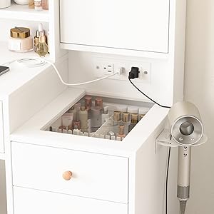 Vabches White Vanity Desk with Mirror and Lights, Vanity Table Makeup Vanity with Lights 3 Drawers and Cabinets