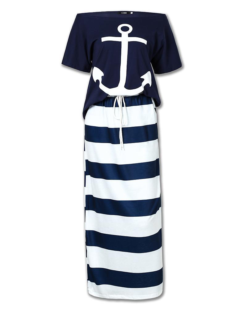 ChicMe Women's 2026 Boat Anchor Print T-Shirt & Striped Drawstring Skirt Set
