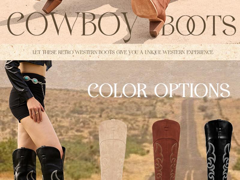 Wetkiss Thigh High Cowboy Cowgirl Boots for Women, Over the Knee with Vintage Embroidery, Side Zipper, Chunky Heel Design ,Women's Shoes,Women's Boots #TikTokShopStockUp