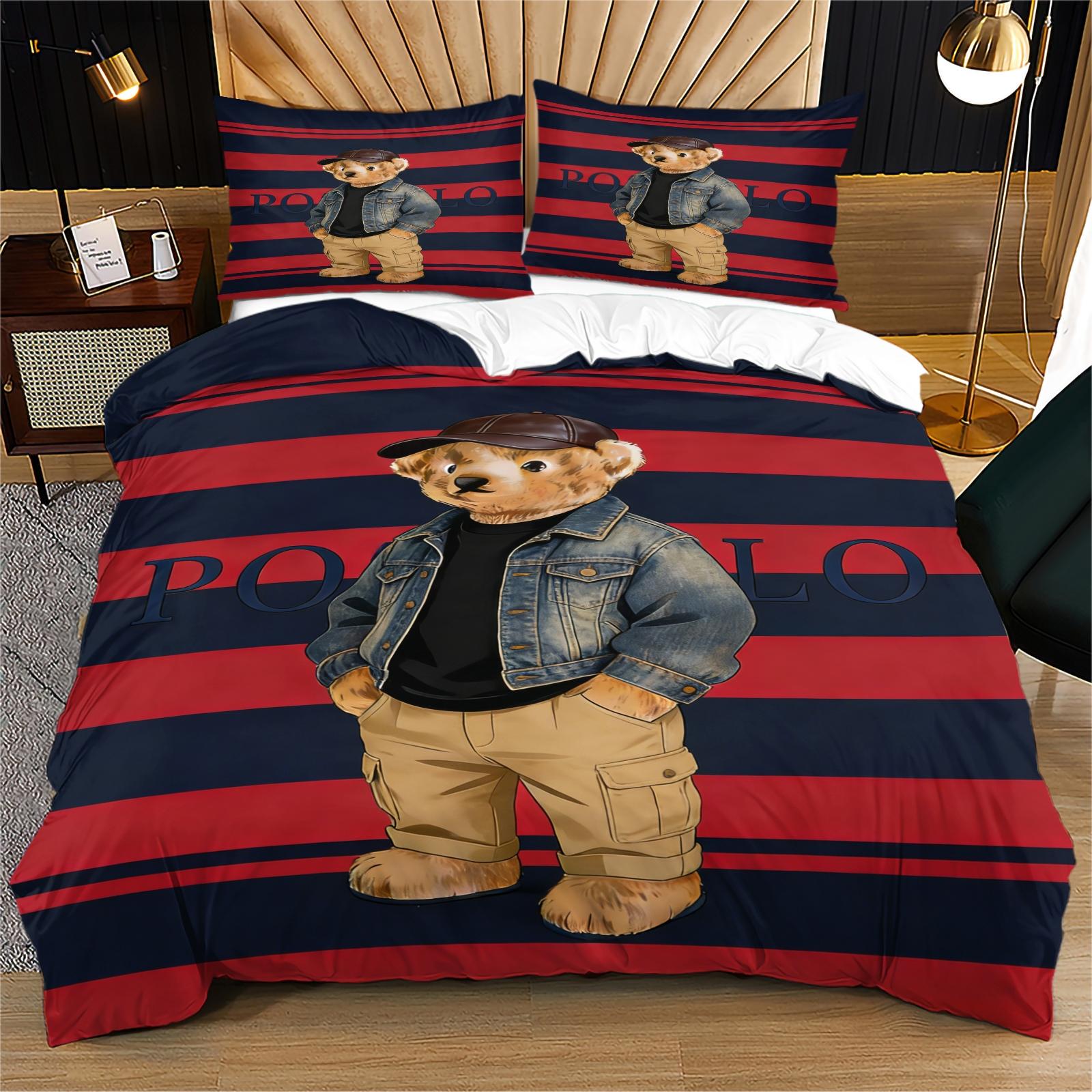 Striped Bear Pattern Print Soft and Durable Bedding Set, Includes 1 Duvet Cover and 1 or 2 Pillowcases, Excludes Quilt and Pillow Inserts, Suitable as Gifts for Teens and Adults, Modern Stylish Bedroom Bed Decorations