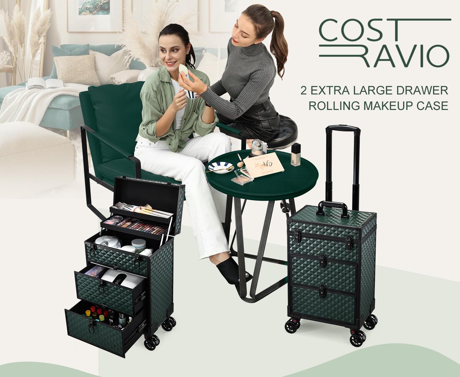 Joligrace Rolling Makeup Train Case Professional Cosmetic Trolley Nail Polish Organizer with 2 Large Drawers, Makeup Pouch for Artists Nail Technician Salon Cart Trunk Black