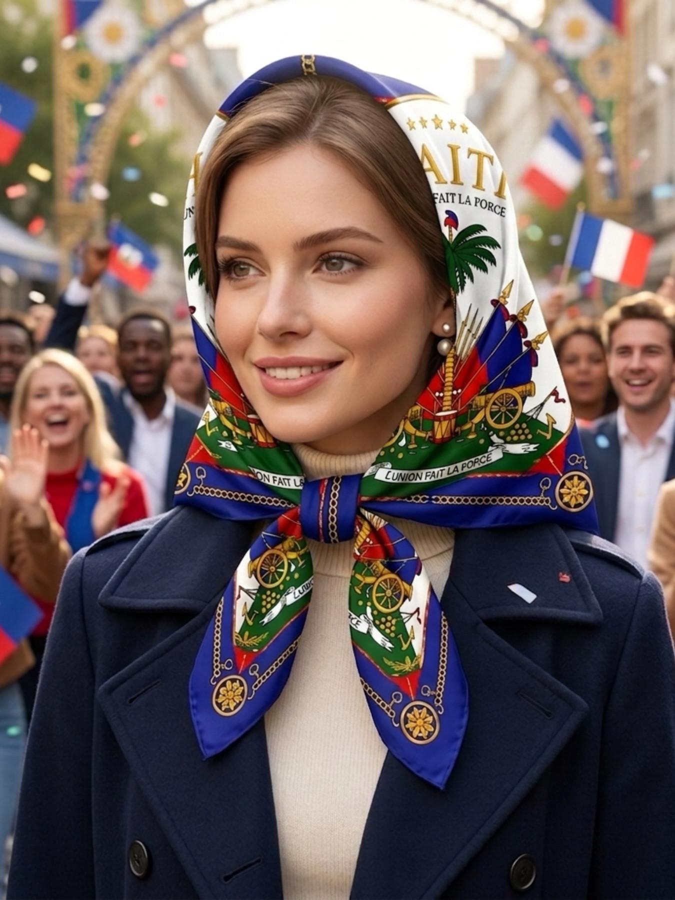 Haiti Cultural Scarf Cape Shawl Wrap – Coat of Arms Palm Tree Cannon Flags Print, Home Decor & Outfit Styling