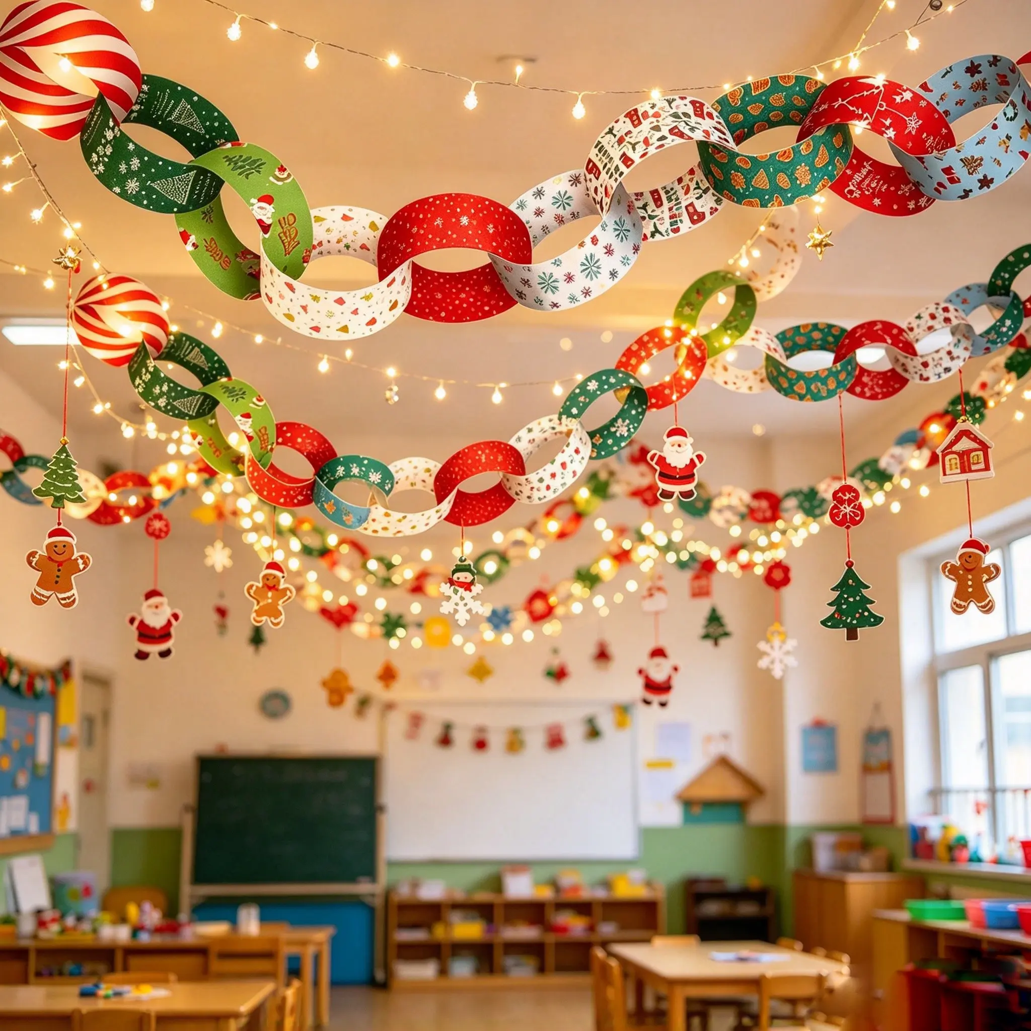 300pcs Christmas Paper Chain Garland Set, DIY Holiday Decorations, Multi-Color Printed Chains for Tree, Fireplace, Party, Classroom, Home