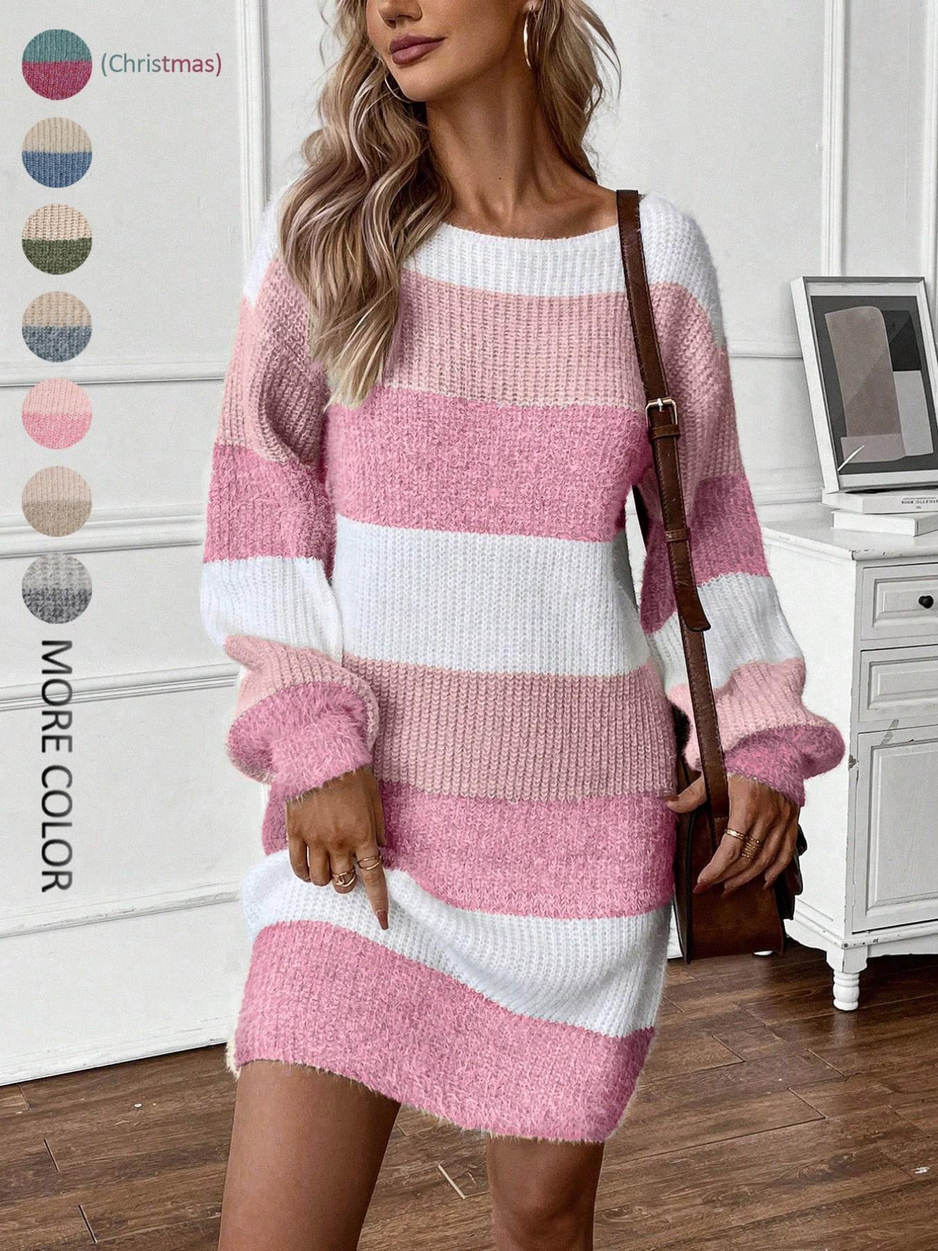 Women's Colorblock Striped Sweater Dress, Elegant Fashion Style, Perfect for Fall & Winter, Daily Wear, Parties, Dates