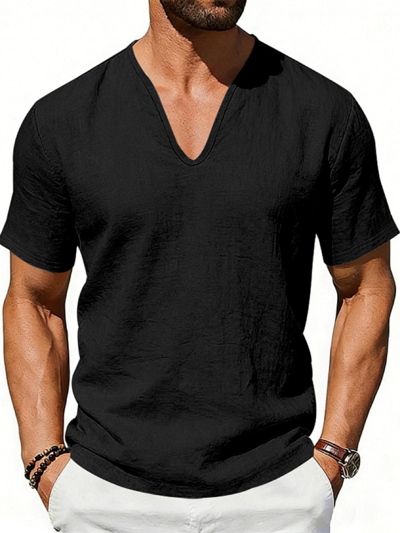 Men's Summer Loose Fit Linen T-Shirt, Breathable Deep V Design, Casual Short Sleeve Top, American Style, Cross-Border Fashion