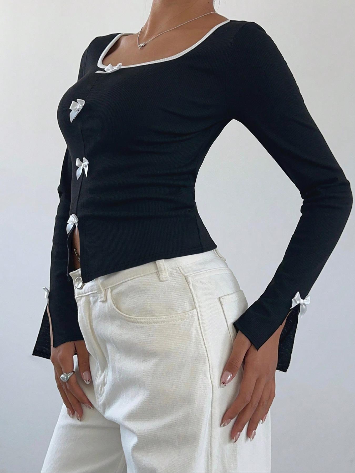 Elegant Bowknot Decorated Slim-Fit Knitted Long Sleeve Top, Stylish Women's Fashion Pullover for Casual Wear, Perfect for Fall & Winter Seasons