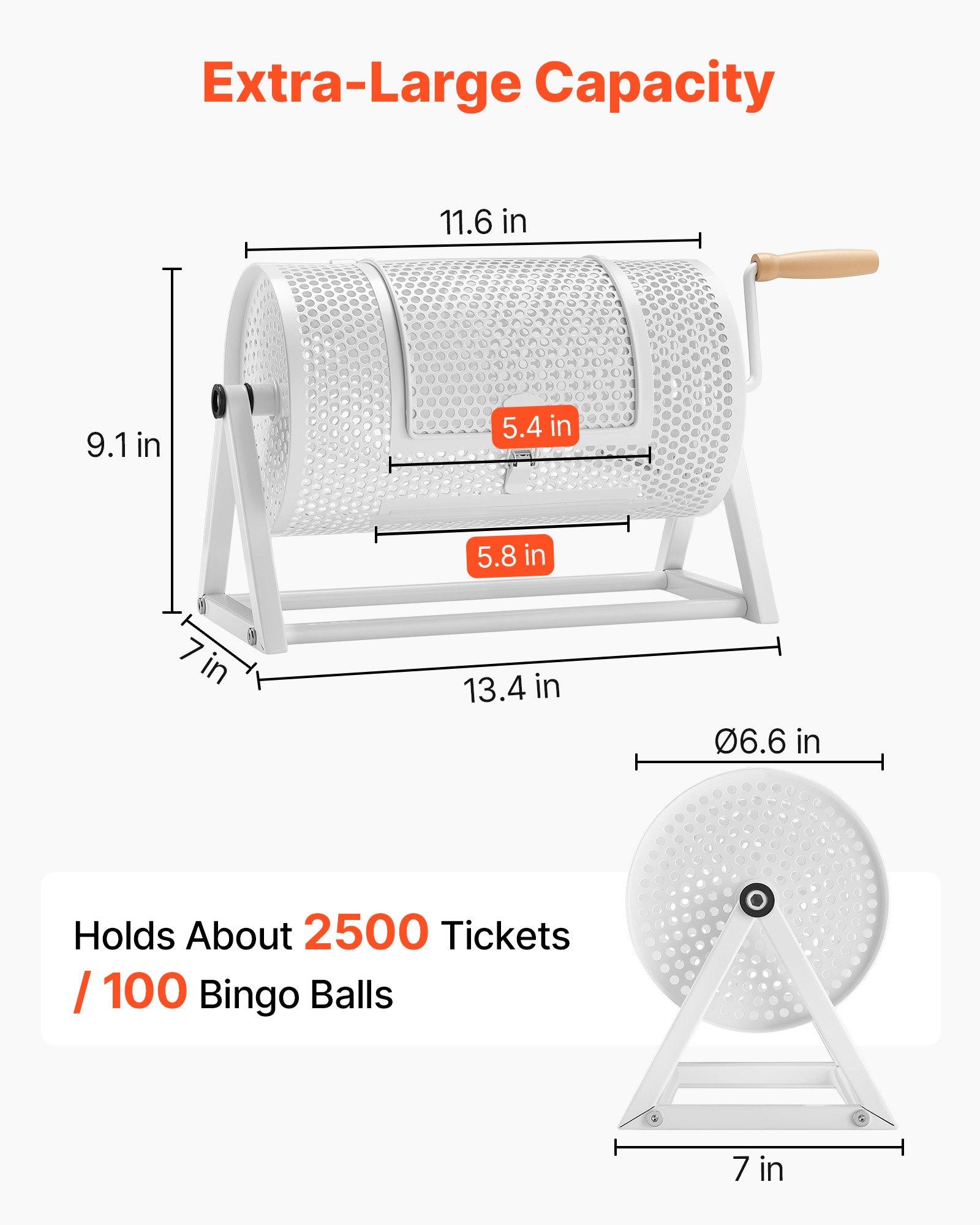 VEVOR Raffle Ticket Spinner, 11.6" x 6.6" Holds 2500 Tickets or 100 Ping Pong Balls, Raffle Drum Lottery Spinning Cage with Reinforced Handle, Stable Triangular Stand, for Events and Gatherings, Whit VEVOR Raffle Ticket Spinner, 11.6" x 6.6" Holds 2500 Tickets or 100 Ping Pong Balls, Raffle Drum Lottery Spinning Cage with Reinforced Handle, Stable Triangular Stand, for Events and Gatherings, Whit