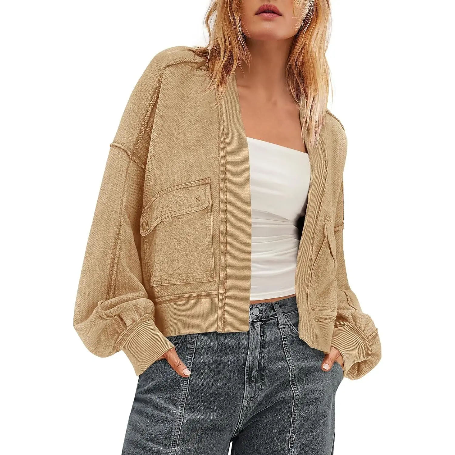 Womens Sweatshirt Cardigan Drop Shoulder Crop Jackets | Open Front Oversized Sweatshirt, Long Sleeve Sweatshirts, Trendy Cardigans Outerwear with Pockets