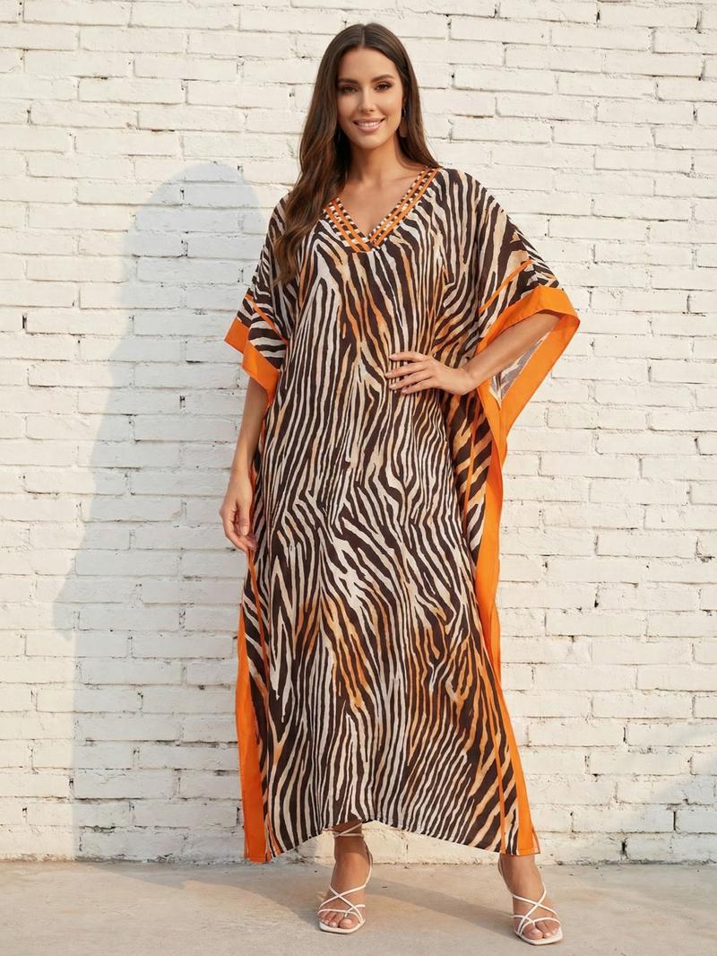 EDOLYNSA Striped kaftan dress cozy house robe muumuu outfits Moo Moo Dress vacation relaxed beach wear leisure wear versatile cover up daily wear Homewear Boho Casual Dress Q1615