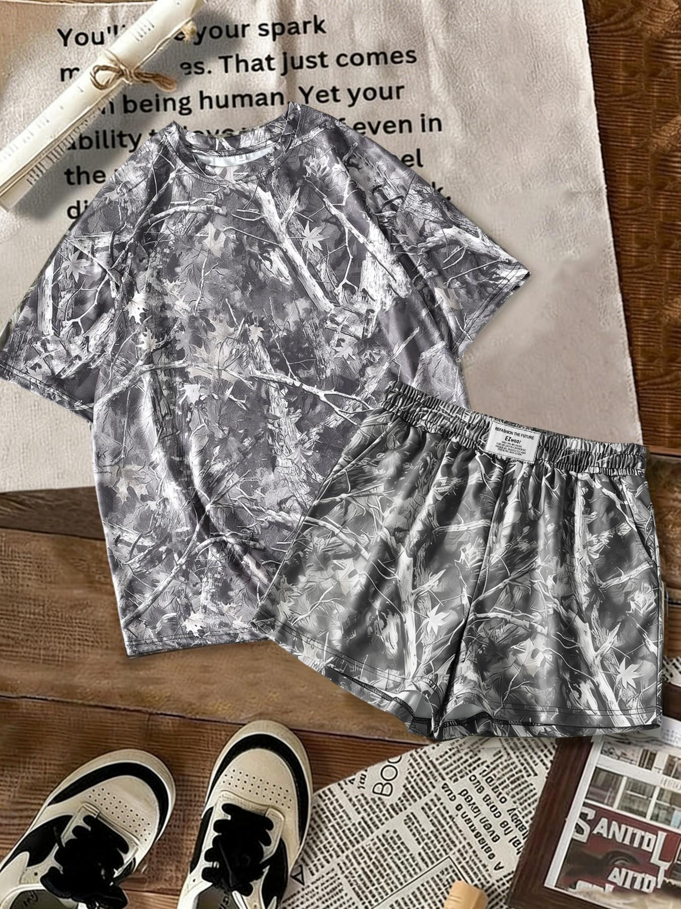 Women's Comfortable Casual Camo Print Loose Short Sleeve T-Shirt & Elastic Waist Shorts Set, Versatile Two-Piece for All Seasons