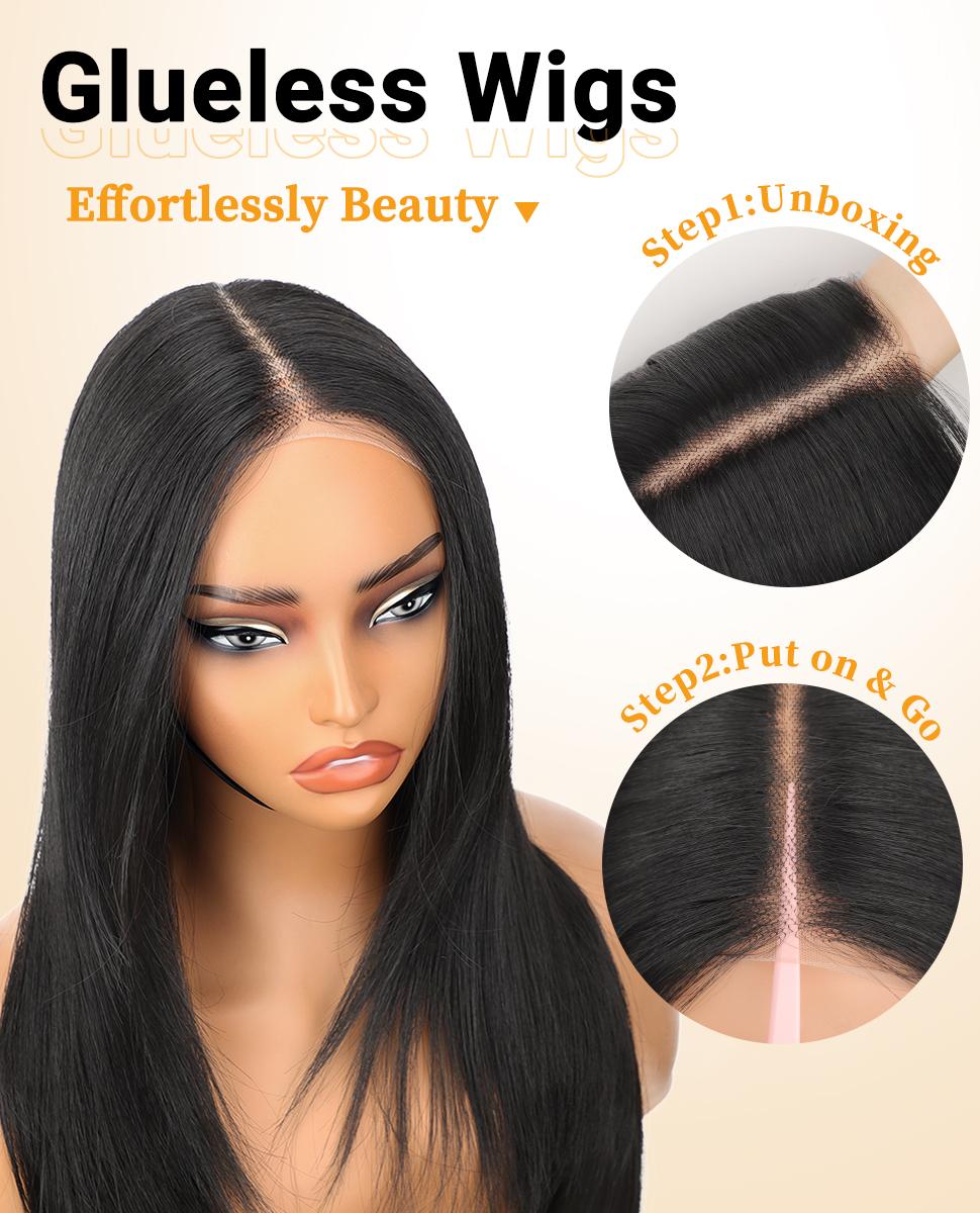 [AISI HAIR] Black Wig With Bangs Wear and Go Glueless Synthetic Lace Front Highlight Wigs for Women Pre Plucked Pre Cut Layered Black Wig Ready to Wear Middle Part 24 Inch