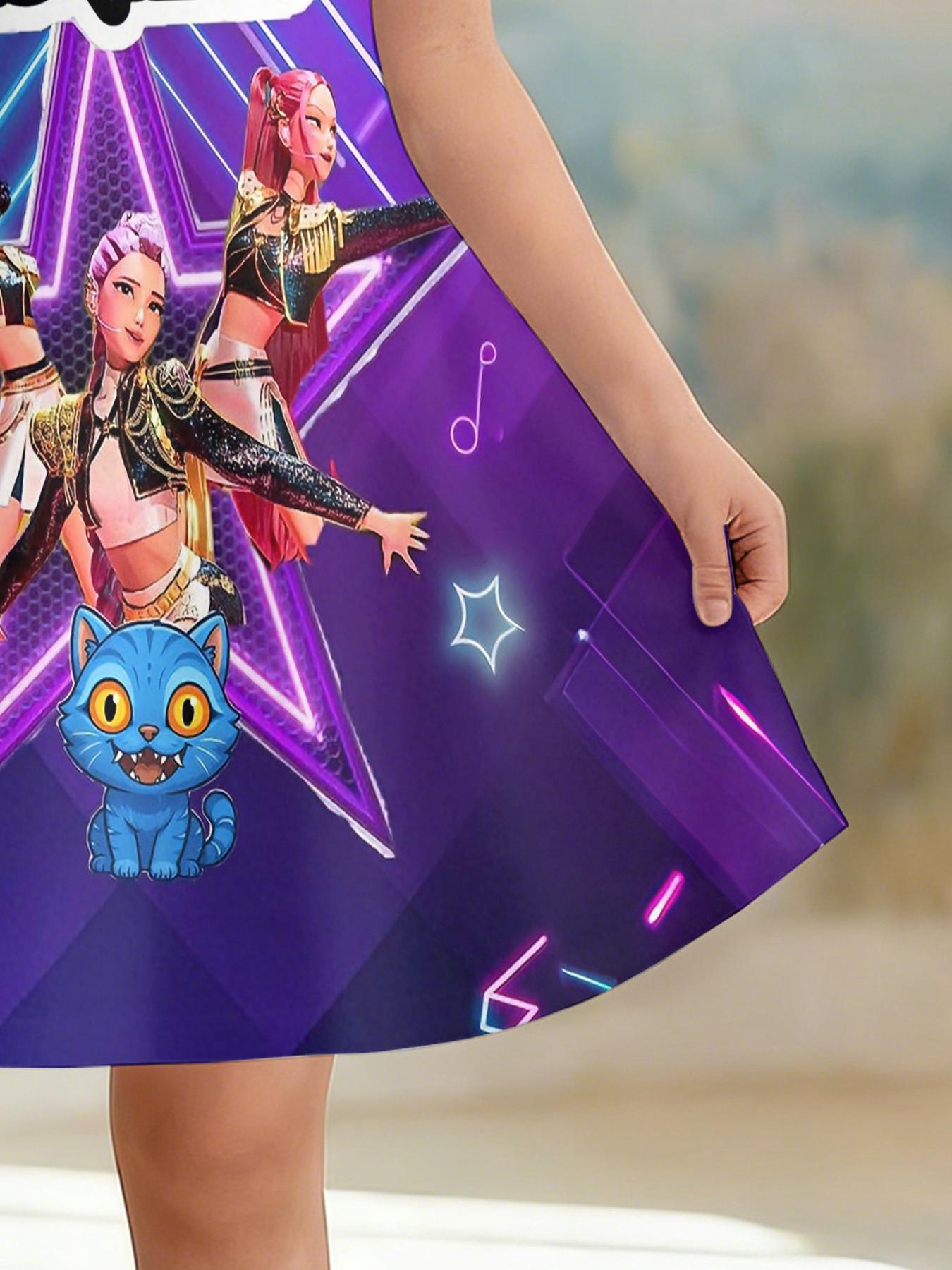 Girls' 3D Dress Base K-Pop Demon Hunters Full Print, Perfect for Parties, Festive Gifts, Birthday Presents, Casual Style